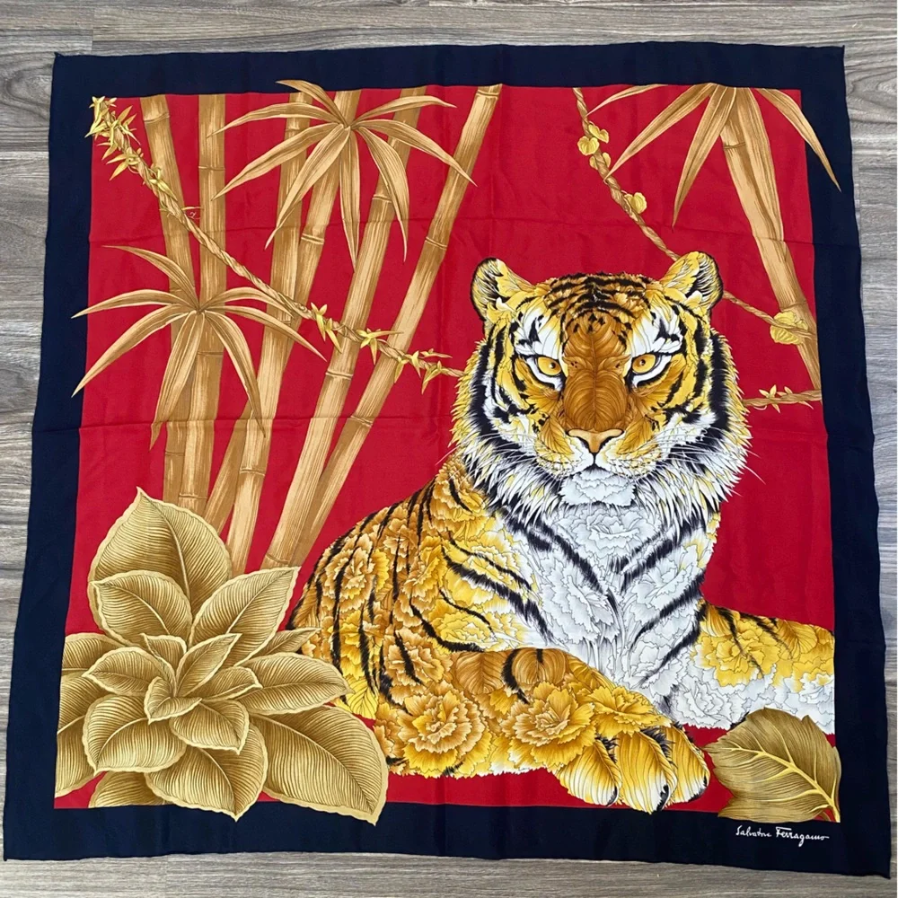 Vintage Salvatore Ferragamo Tiger Floral Square Silk Scarf - Picture 2 of 8